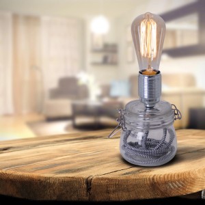 Näve Tischleuchte aus Glas, klar, mit dekorativer Glühbirne. Design-Tischlampe für Wohnraum.