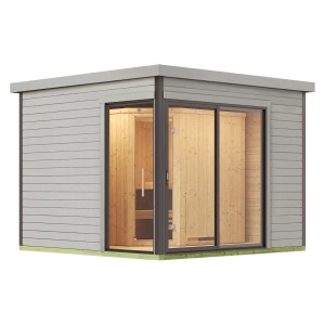 Modernes Design-Saunahaus 412 Sparset in Hellgrau mit Glasschiebetür und Saunaofen.