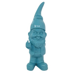 Blaue Deko-Figur: Zwerg mit Stinkefinger, 17,5 cm, für den Garten.