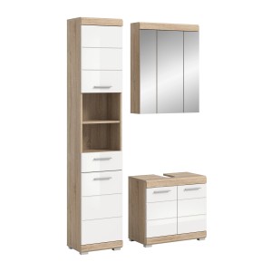 3-teilige Badkombination in Sonoma-Weiß: Hochschrank, Waschbeckenunterschrank und Spiegelschrank.