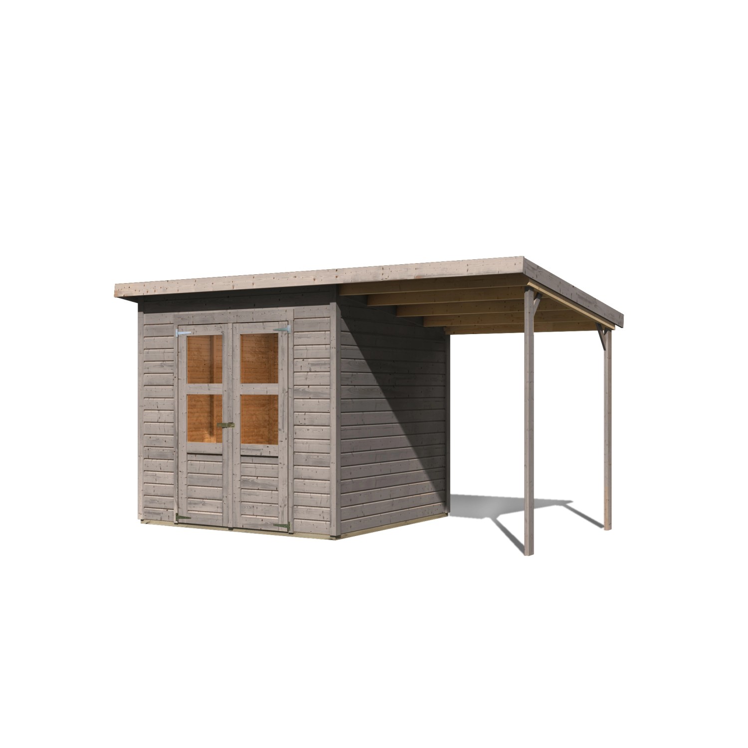 Karibu Gartenhaus Vellinge mit Anbaudach, vorvergraut, aus Holz. Gartenhaus mit Doppeltür und seitlichem Unterstand.