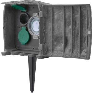 Gartensteckdose in Steinoptik mit 2 Steckdosen und Zeitschaltuhr, inklusive Erdspieß.