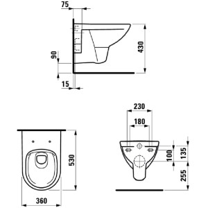 Technische Zeichnung Laufen Wand-WC-Set Pro Rund, Abgang waagerecht, inkl. WC-Sitz, Maße