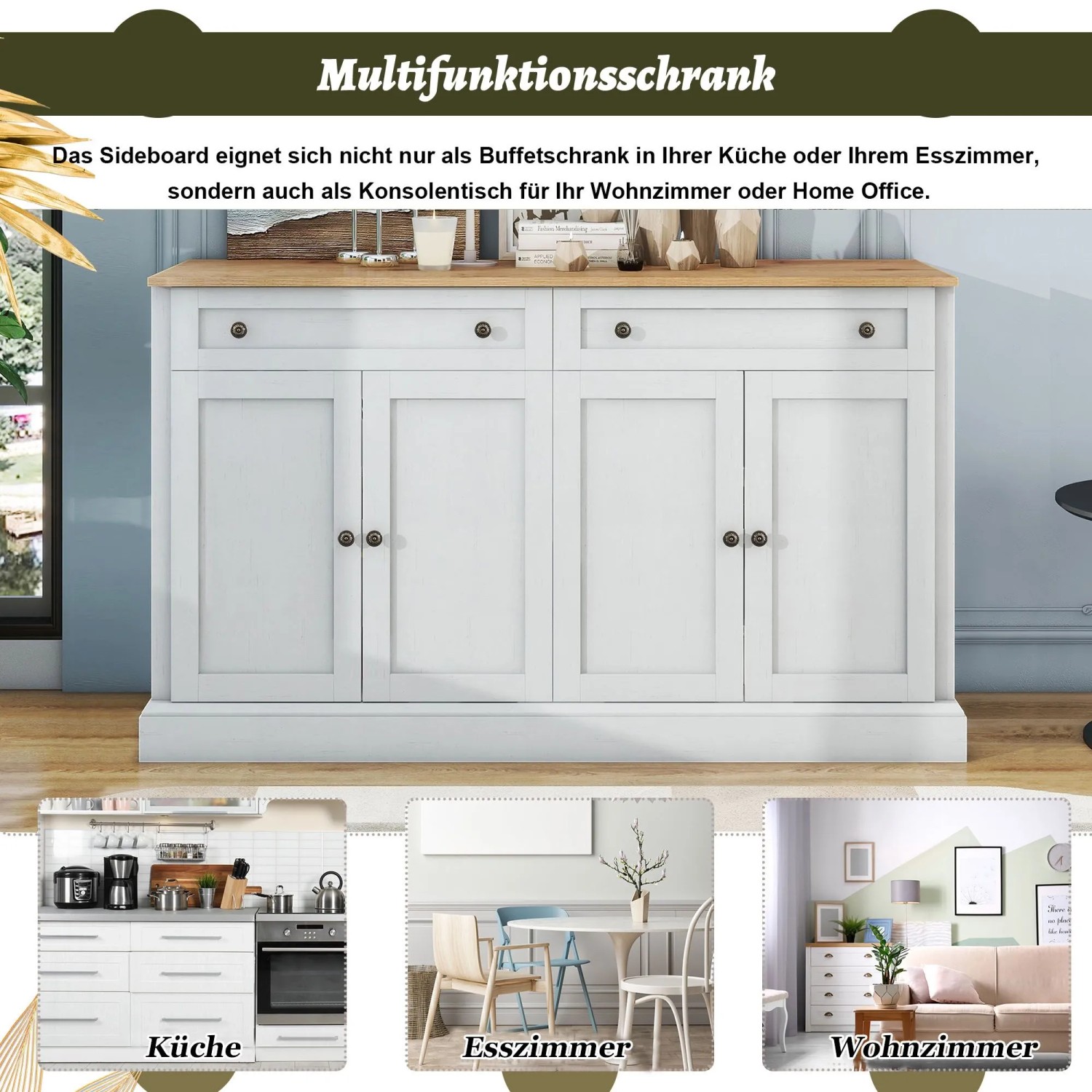 okwish Sideboard mit 4 Türen 2 Schubladen Esszimmer 150x40x86cm Natur_6