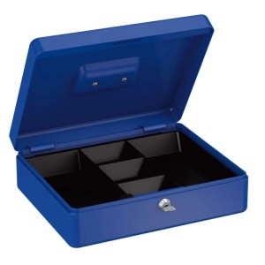 Offene blaue Basi Geldkassette GK 10 mit Münzeinsatz und Schloss.