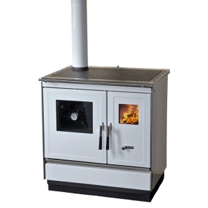 Weißer Haas+Sohn Holzherd HSH 81 mit Backfach links und Stahlkochplatte.