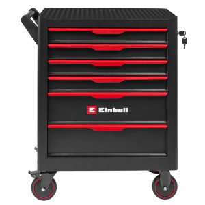 Einhell Werkstattwagen, 149-teilig, schwarz matt, mit 6 Schubladen und Werkzeugsortiment.