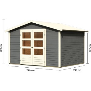 Lackiertes Karibu Holz-Gartenhaus Aesch mit Satteldach, 242x242 cm, in Terragrau. Inklusive Maße.