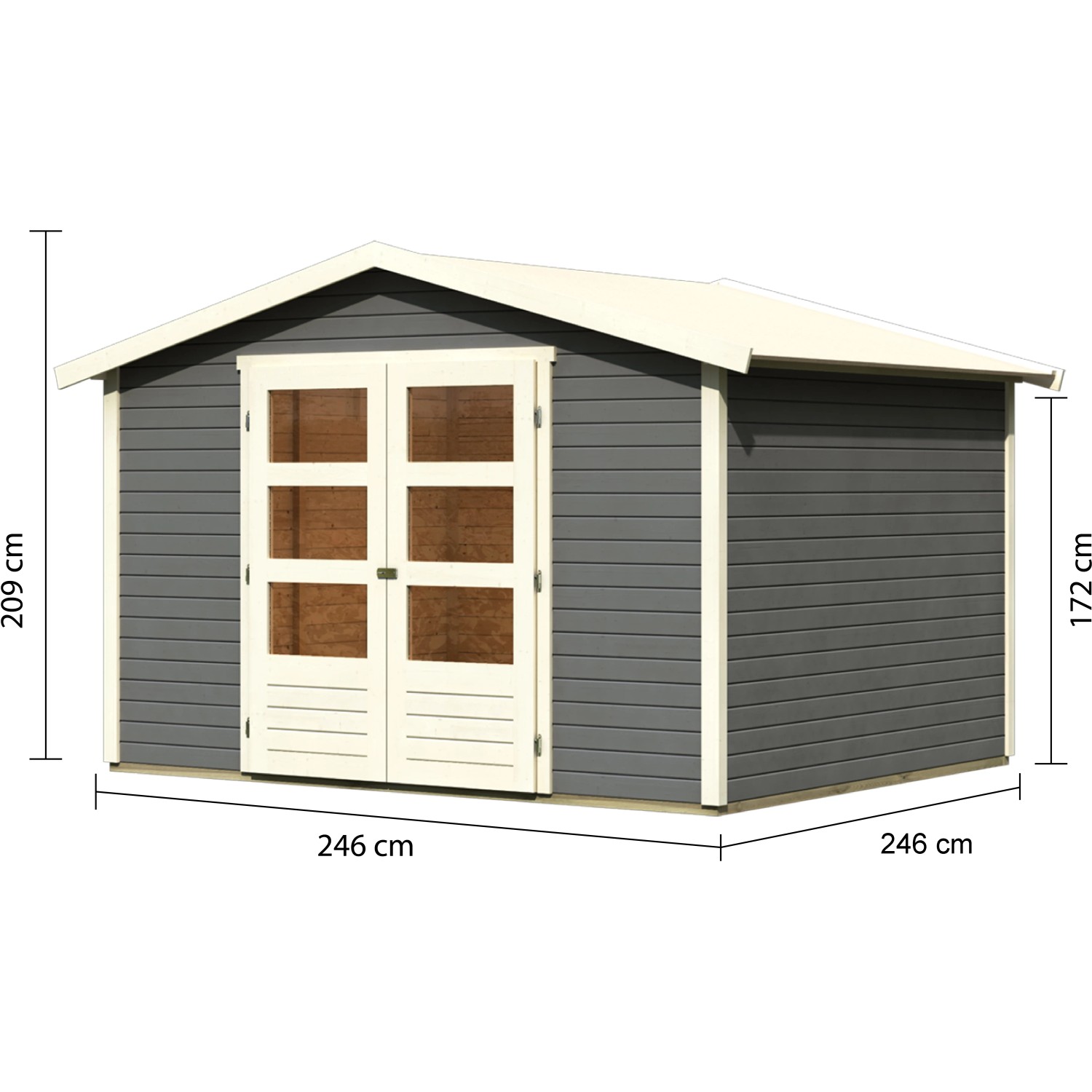 Lackiertes Karibu Holz-Gartenhaus Aesch mit Satteldach, 242x242 cm, in Terragrau. Inklusive Maße.