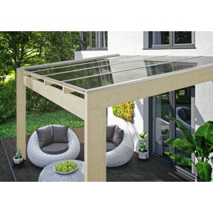 Skan Holz Terrassenüberdachung Novara, 450x259 cm, unbehandelt, mit klarer Polycarbonat-Dacheindeckung.