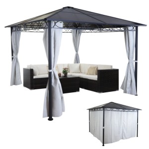 Hellgraue MCW Hardtop Pergola 3x3m mit Kunststoffdach und Seitenwänden, inklusive Sitzgruppe.
