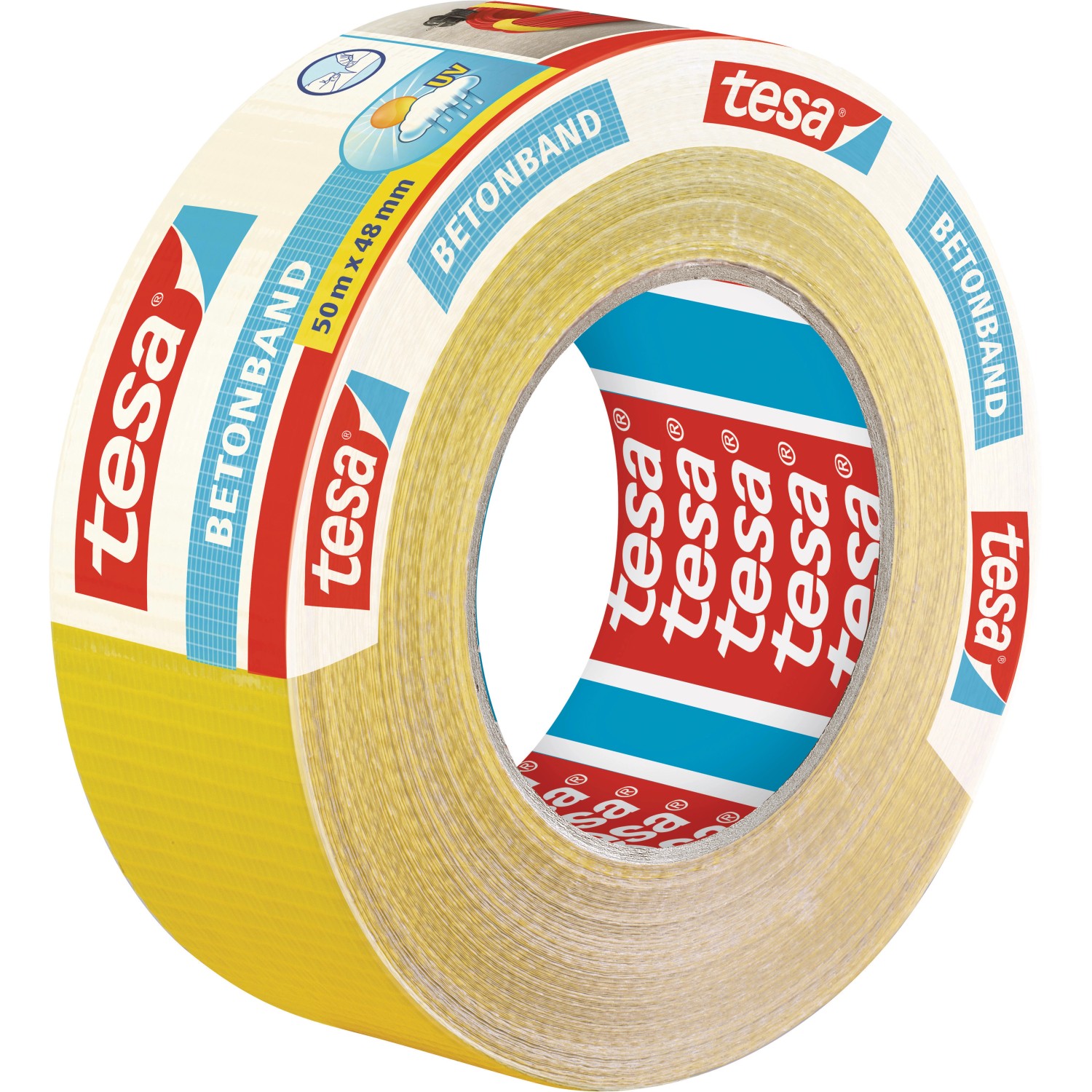 Gelbes Tesa Betonband Gewebeklebeband, 50 m x 48 mm, auf einer Rolle.