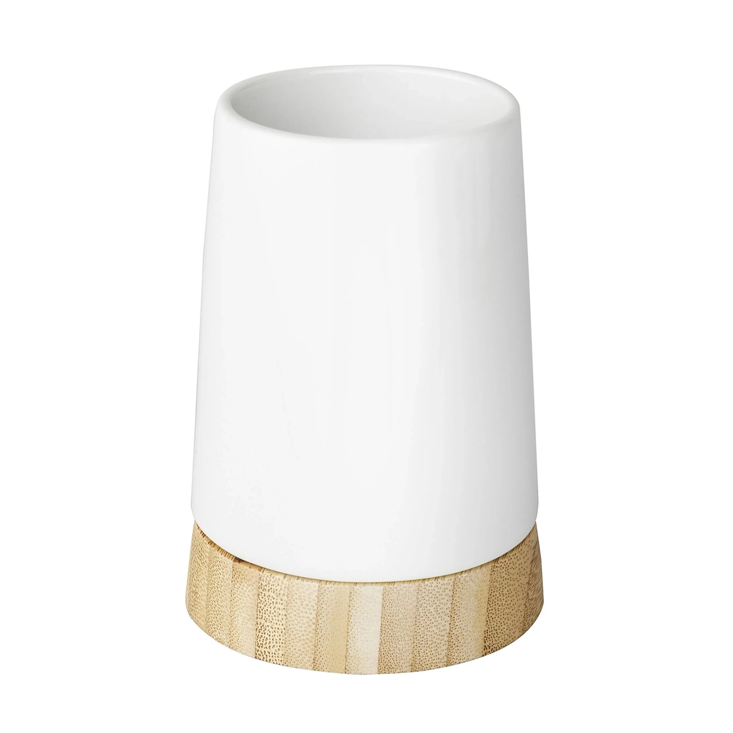 Wenko Zahnputzbecher Bamboo, weiße Keramik mit Bambusfuß, für Bad und WC.