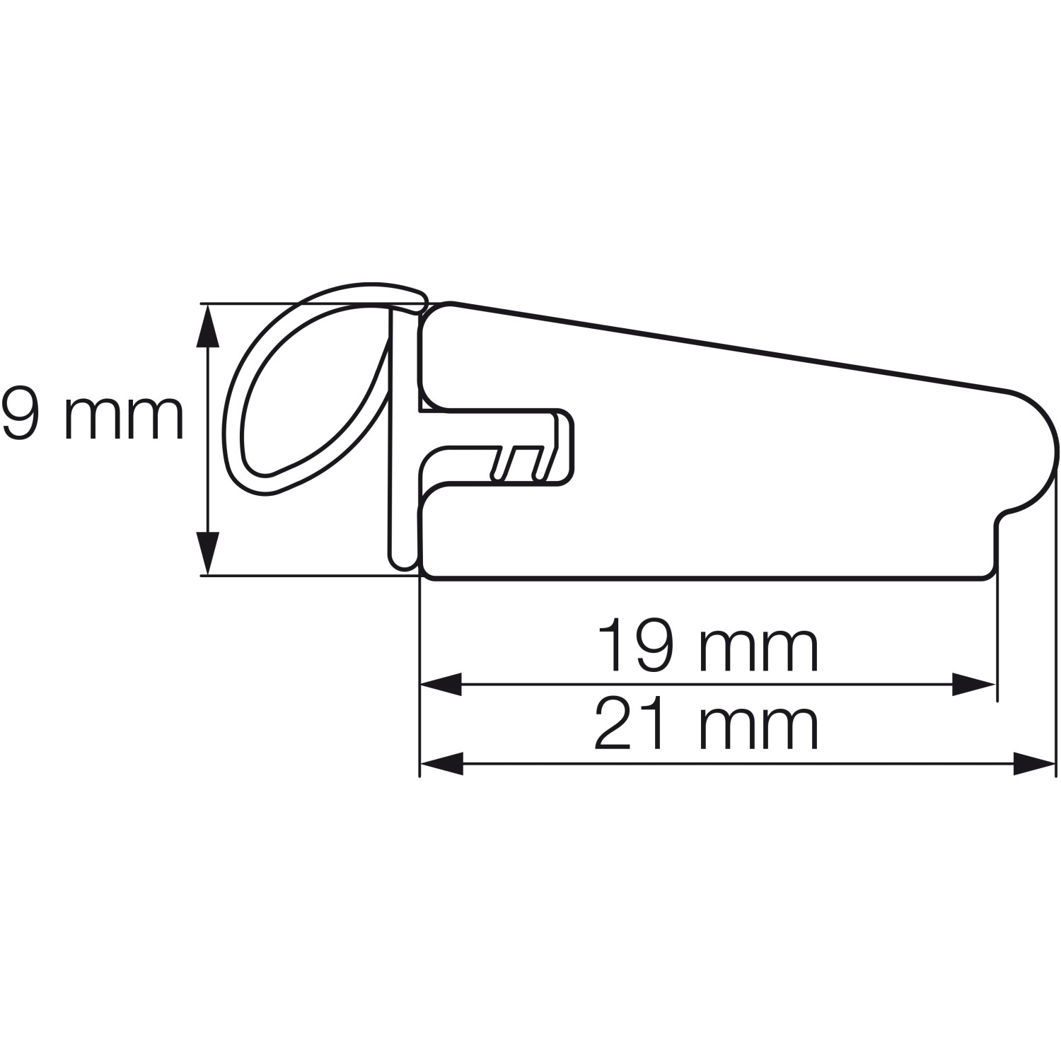 Profil der weißen Tür- und Fensterleiste (21x9 mm) mit Dichtung, Maße sind eingezeichnet.