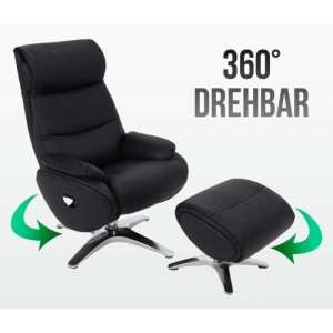 Schwarzer MCW Relaxsessel K98 mit Hocker, drehbar, mit Leder- und Kunstlederbezug.