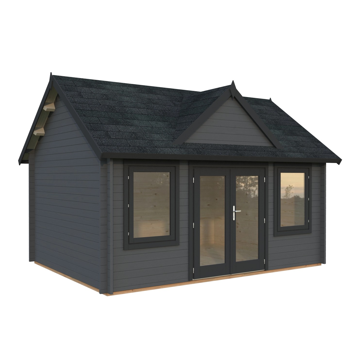 Grau-anthrazit lackiertes Palmako Gartenhaus Claudia mit Doppeltür und Fenstern.