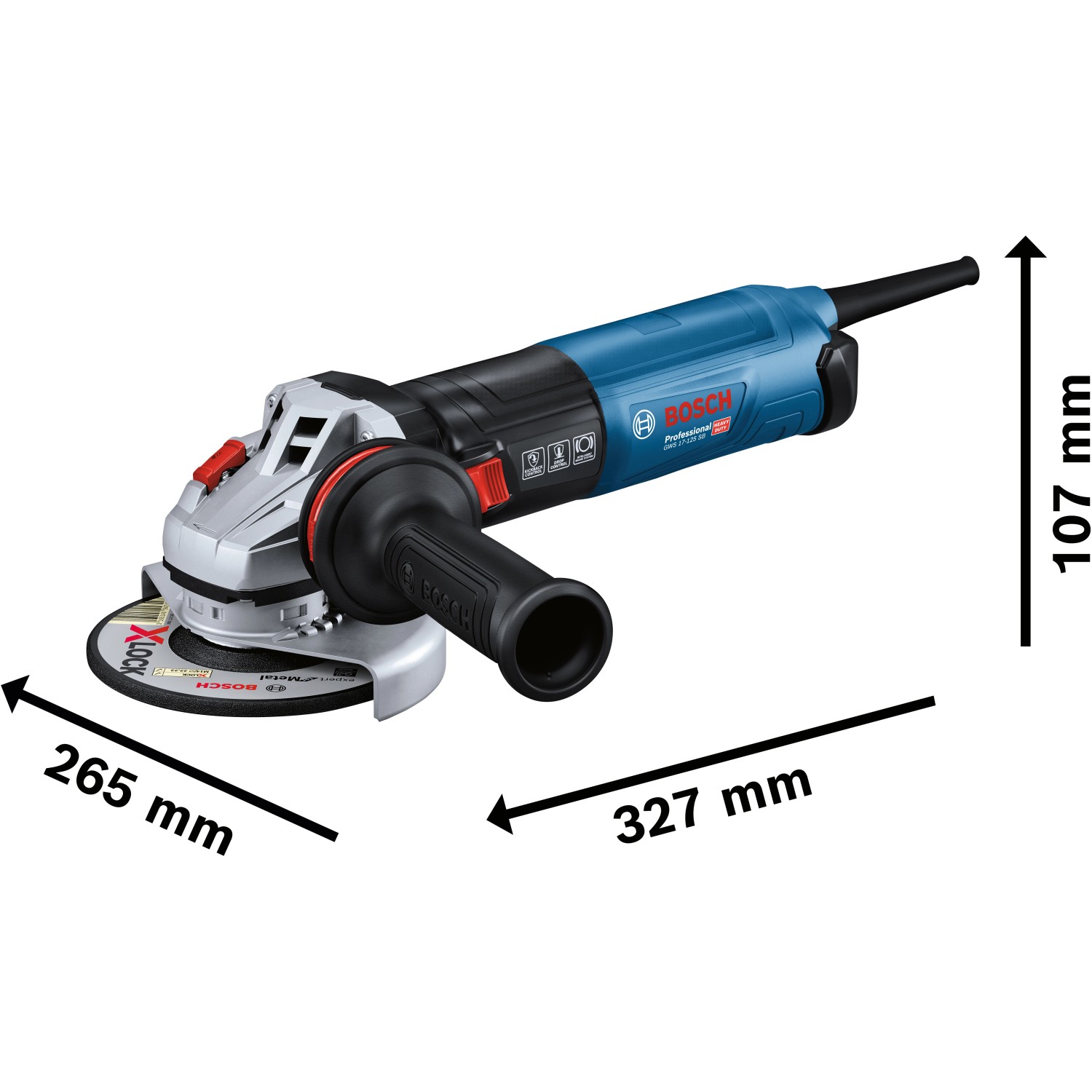 Bosch Professional GWS 17-125 SB Winkelschleifer mit Zusatzhandgriff und Schleifscheibe.