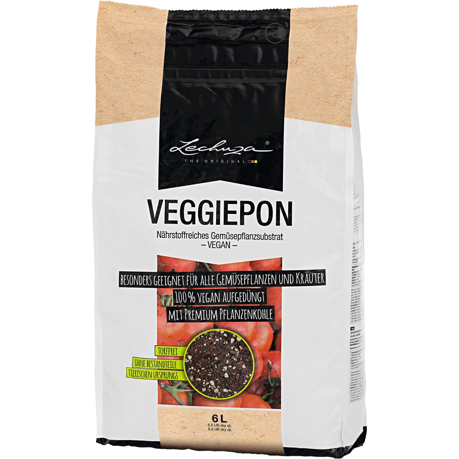 Lechuza Veggiepon Pflanzsubstrat, 6 Liter, für Gemüse und Obst. Torffrei und vegan.