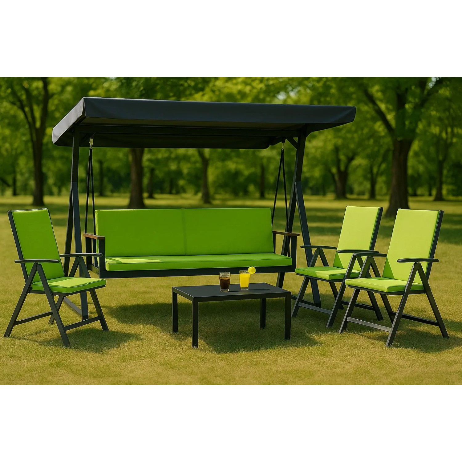 Hollywoodschaukel mit grünen Kissen und Gartenstühlen im Set, Farbe Lemon.