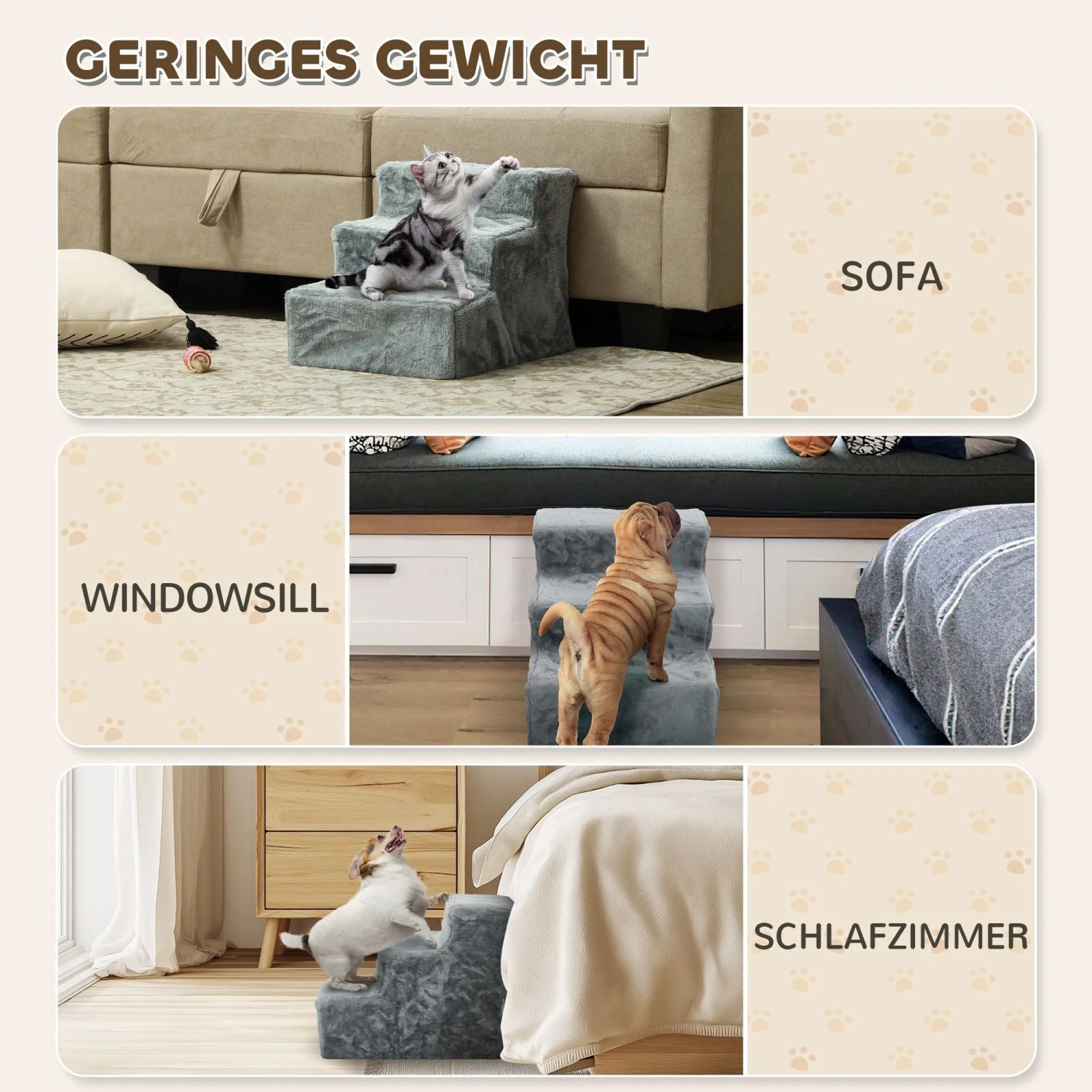 PawHut Haustiertreppe Holz, grau, 3 Plüschstufen. Für Sofa, Bett, Fensterbank. Katze & Hund.