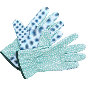 Blau-weiße Gartenhandschuhe Größe 8 mit Blatt- und Punktmuster für Gartenarbeiten.