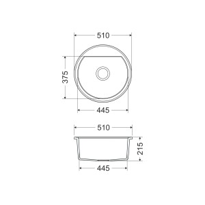 Skizze der runden Miló Einbauspüle Olli 51 in Schwarz aus Granitverbundstoff mit Maßangaben.
