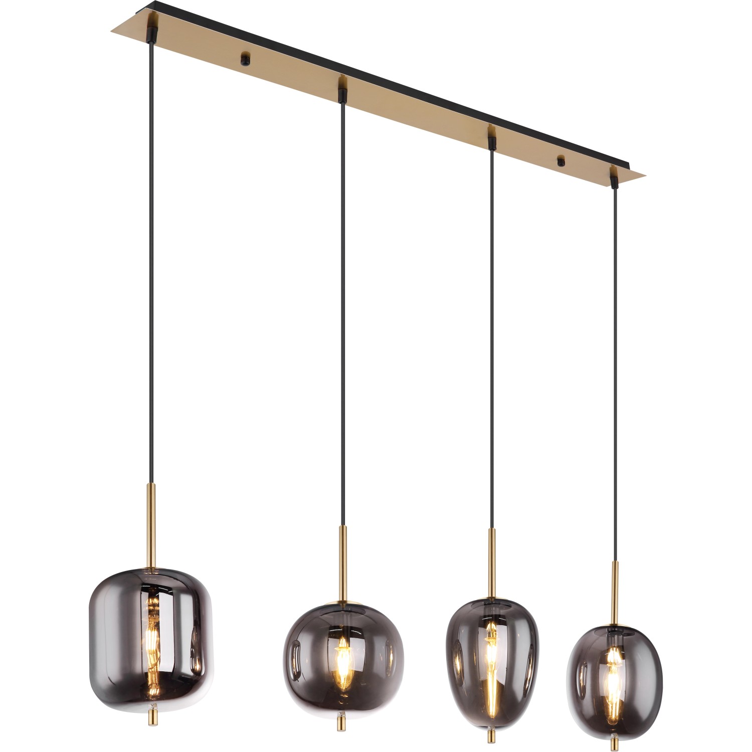 Globo Pendelleuchte Blacky I, 4-flammig, Metall/Glas rauchfarben, messingfarben matt.
