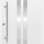 Weiße Sicherheits-Haustür ThermoSpace Prime Dublin RC2 mit Edelstahlgriff und satiniertem Glaseinsatz.