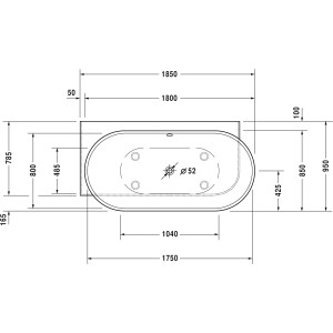 Technische Zeichnung der Duravit Eck-Badewanne Luv, 185x95 cm, Ecke links, mit Maßen.