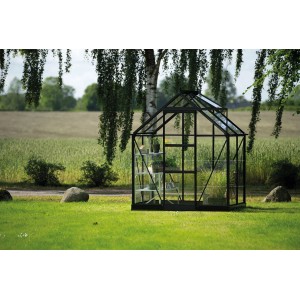 Schwarzes Halls Gewächshaus Icon 6 mit Glas, 2,5 m² im Garten.