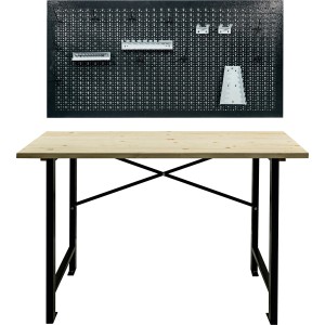 Werkbank mit Buchenholzplatte (120 cm) und Lochwand mit Haken-Set.