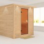 Karibu Sauna Marika mit LED-Dachkranz aus naturbelassener Fichte und Bronzetür.