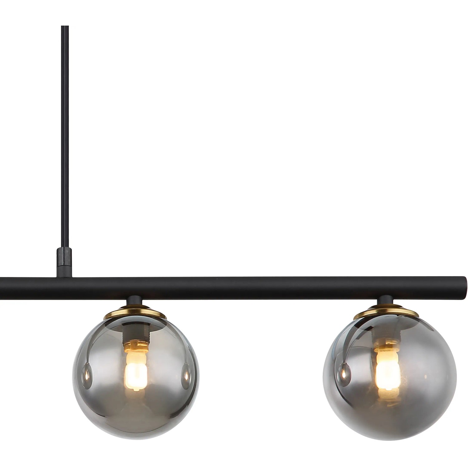 Moderne, 5-flammige Pendelleuchte Jorge in Schwarz matt mit rauchfarbenen Glaskugeln.