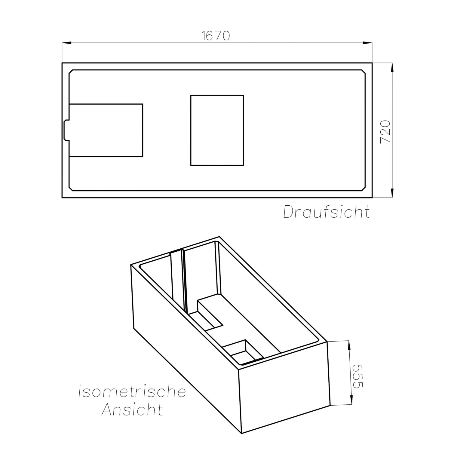 Technische Zeichnung der weißen Ottofond Nixe Rechteck-Badewanne 170 cm mit Maßen.