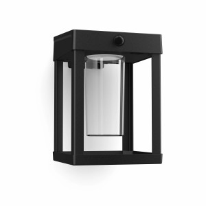 Eckige, schwarze Philips Solar-Wandleuchte Camill mit Glaszylinder und Bewegungssensor.