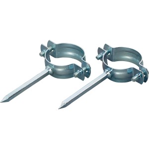 Zwei verzinkte Einschlagrohrschellen (Ø 40-43 mm) mit Stahlnagel zur Rohrbefestigung.