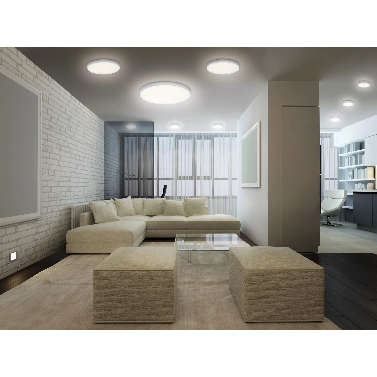 Ledvance Smart+ WiFi Einbauleuchte, rund, weiß, Ø 60cm, in modernem Wohnzimmer.