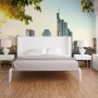 Fototapete Frankfurt Skyline mit Brücke in Blau, Braun und Grau, angebracht im Schlafzimmer.