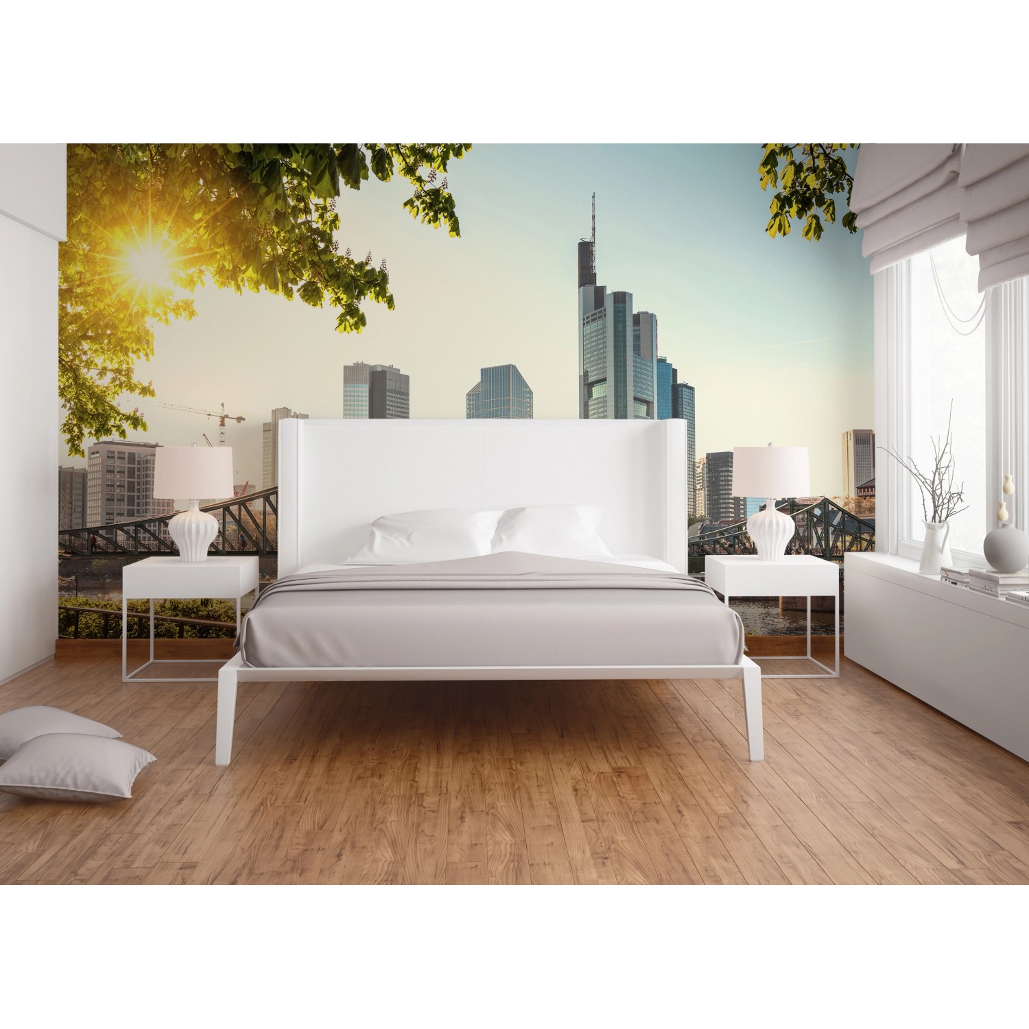Fototapete Frankfurt Skyline mit Brücke in Blau, Braun und Grau, angebracht im Schlafzimmer.