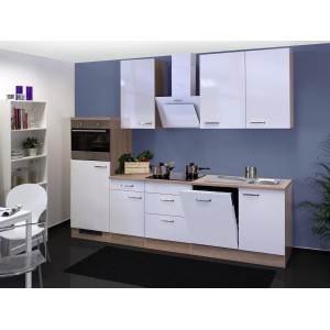 Moderne Küchenzeile Valero in Weiß Hochglanz und Sonoma Eiche Optik mit E-Geräten.