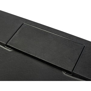 Detailaufnahme: Anthrazitfarbene Schulte Duschwanne ExpressPlus, extraflach, mit Ablaufabdeckung.