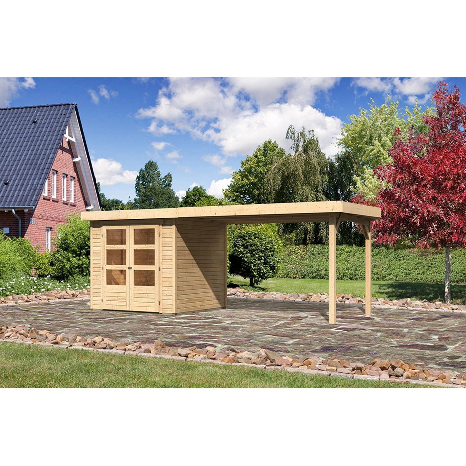 Karibu Holz-Gartenhaus Boras, unbehandelt, mit Anbau. Gartenhaus mit Doppeltür und Überdachung.