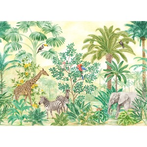 Komar Vliesfototapete Jungle Adventure mit Dschungelmotiven, Giraffe, Zebra, Elefant und Papagei.