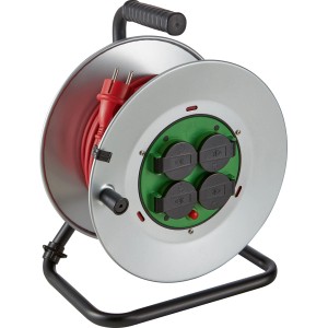 Kabeltrommel mit 4 Steckdosen, 25 m Gummikabel für den Außenbereich.