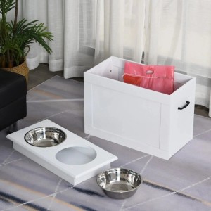 Erhöhter PawHut Fressnapf weiß mit 2 Edelstahlnäpfen und passender Futterbox mit Stauraum für Haustiere.