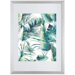 Silberner Bilderrahmen aus Aluminium, 50x70 cm, mit Passepartout und tropischem Pflanzenmotiv.