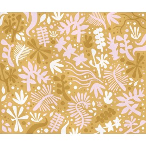 Gelbe Komar Vliestapete Mid Summer (300x250 cm) mit floralem Muster.