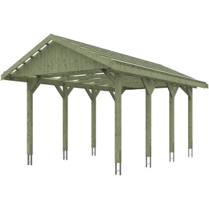 Satteldach-Carport Wallgau, 380x600 cm, mit Dachlattung, Holzkonstruktion in Grün.
