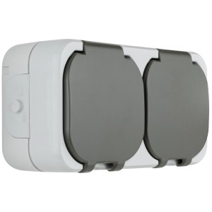 REV Ritter AquaTop Feuchtraum-Steckdose, 2-fach, waagerecht, grau, mit Klappdeckel für Innen- und Außenbereich.