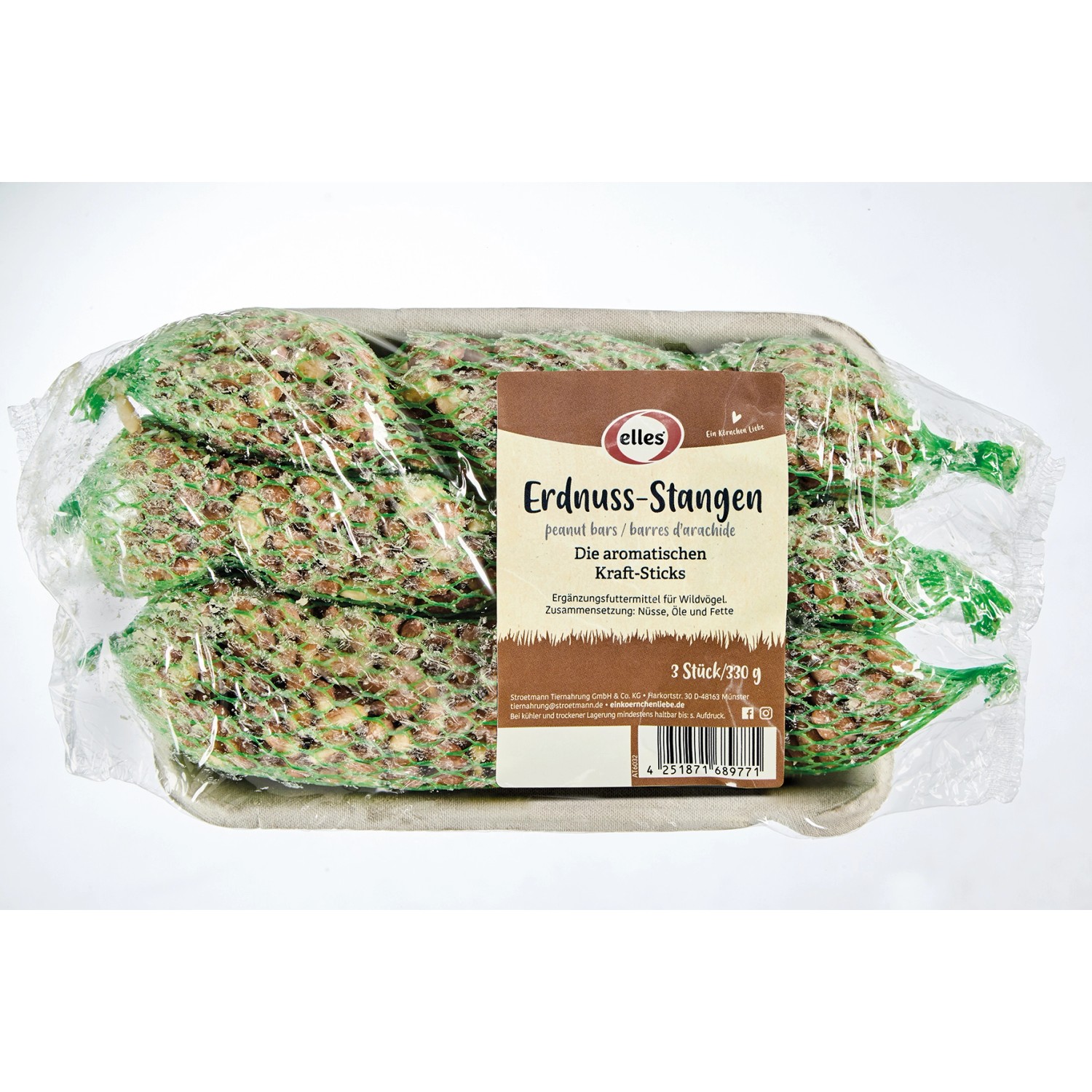 Elles Wildvogelfutter Erdnuss-Stangen, 3 Stück, im Netz verpackt.